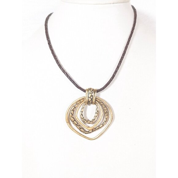 Chicos Gold Tone Multi Ring Pendant Brown Braided Cord Necklace Boho Western 20" - Picture 2 of 9